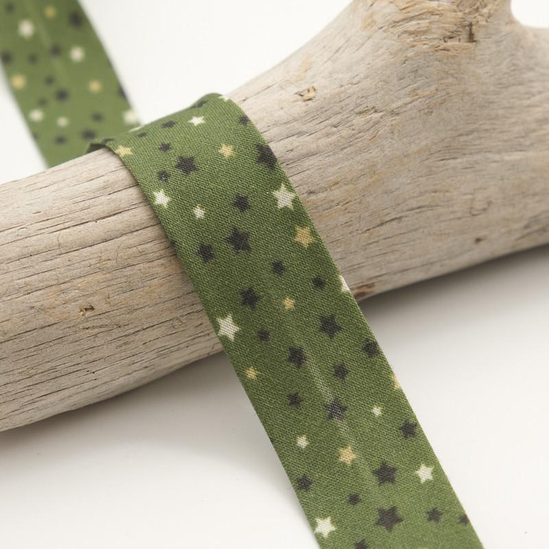 25mm Printed Bias Tape with Stars on a Khaki Background - Maison Klem